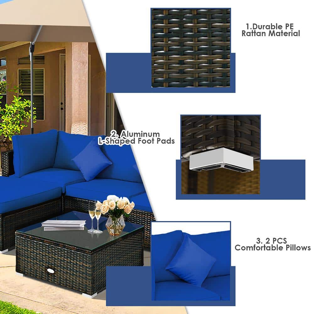 Navy Cushioned 5-Piece Brown Steel Patio Seating Set