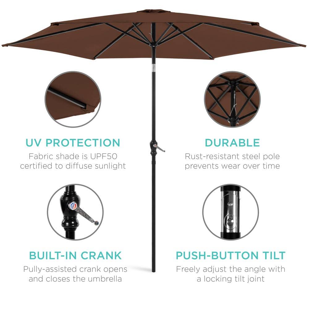 10ft Brown Hexagon Outdoor Steel Patio Umbrella with Crank