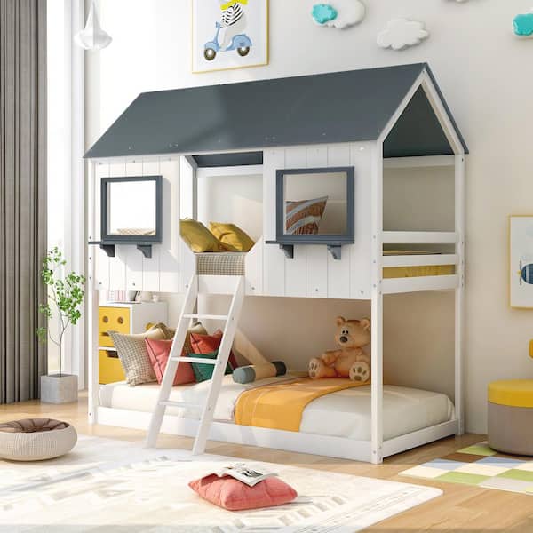 Harper & Bright Designs White Twin Over Twin Wood House Bunk Bed with Roof and Window