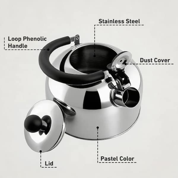 Wudkey 6-Cup Silver Stainless Steel Stovetop Kettle for Gas and