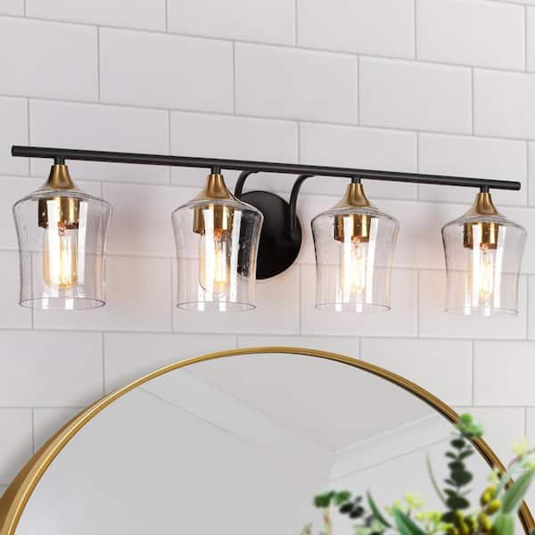 20.5 in. Modern 4-Light Black Bathroom Vanity Lights Brass Gold Bath Lighting Seeded Glass Shade Wall Sconce