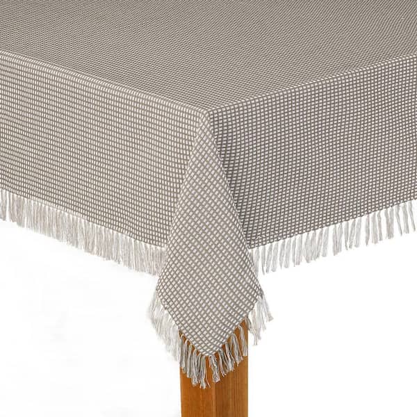 Homespun Fringed 70 in. Round Grey Checkered 100% Cotton Tablecloth
