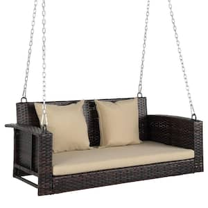 2-Person Wicker Steel Porch Swing with Beige Cushion