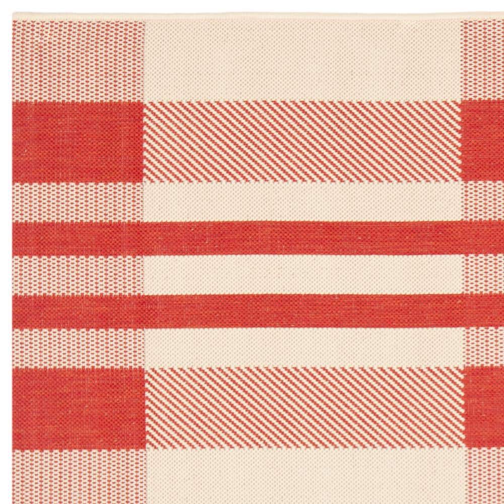 Red and Bone Plaid Synthetic Square Indoor/Outdoor Rug