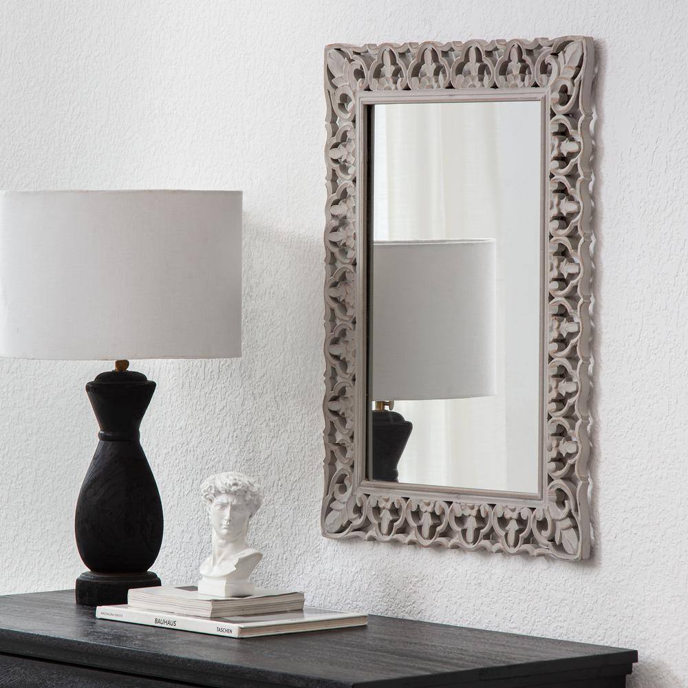 Calie Distressed Grey 25" Ornamental Wood Wall Mirror