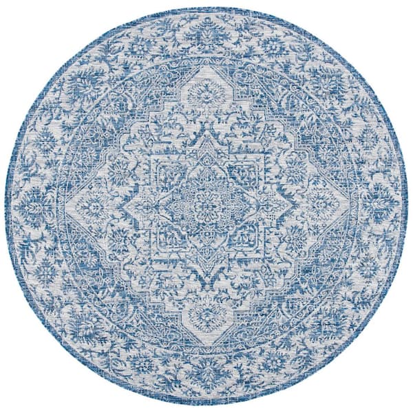 Courtyard Navy/Light Gray 7 ft. x 7 ft. Border Medallion Floral Indoor/Outdoor Patio  Round Area Rug