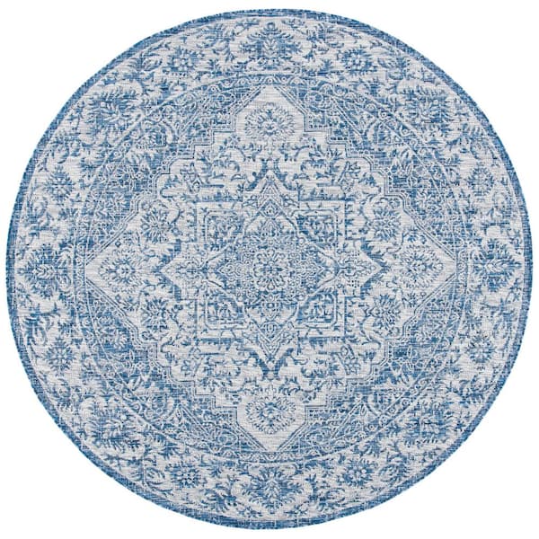 SAFAVIEH Courtyard Navy/Light Gray 7 ft. x 7 ft. Border Medallion Floral Indoor/Outdoor Patio  Round Area Rug