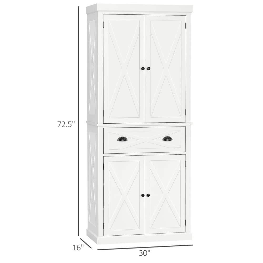 White Freestanding 4-Door Kitchen Pantry Cabinet with Drawer