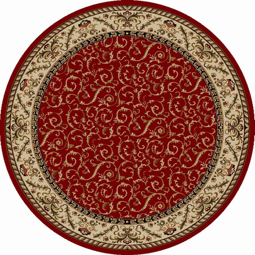 Como Red 8 ft. Round Traditional Floral Scroll Area Rug