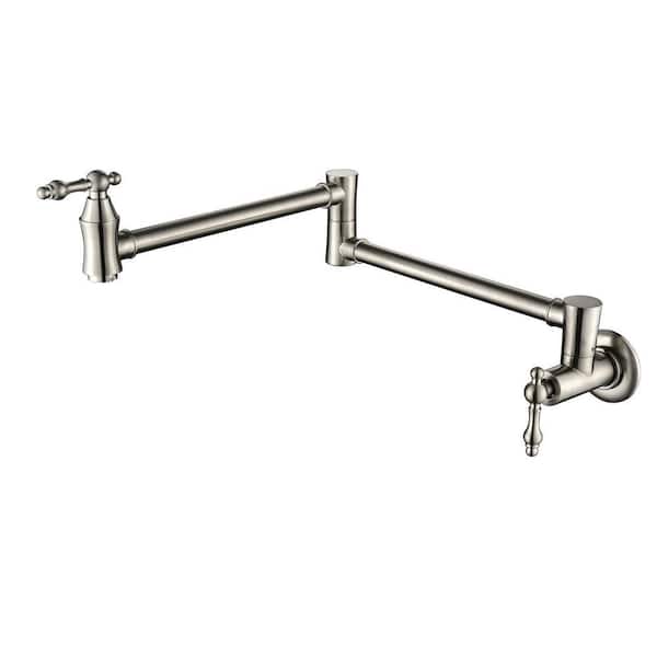 GIVING TREE Traditional Double Handle Wall Mount Pot Filler with Solid Brass Instruction in Brushed Nickel