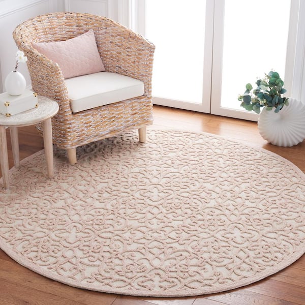 Martha Stewart Ivory/Pink 6 ft. x 6 ft. Ornate Border Round Area Rug