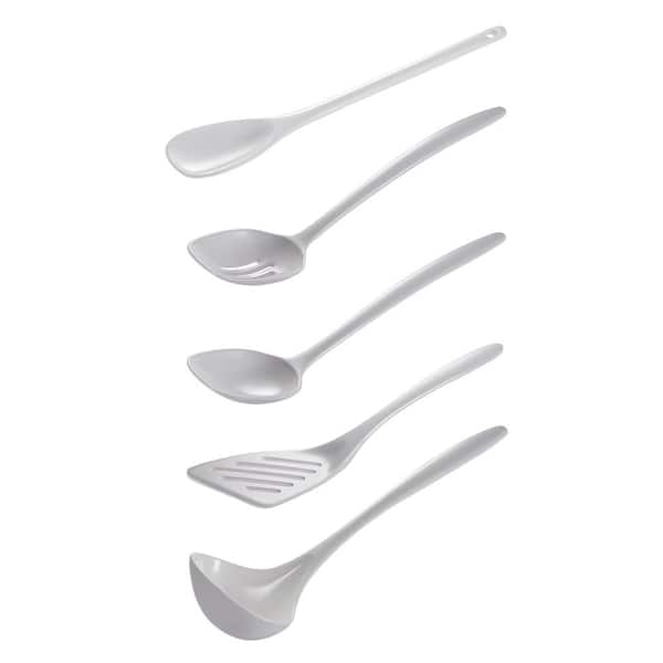 5 Pc Lot Plastic Kitchen Utensils 2 Spoons Strainer Ladle White