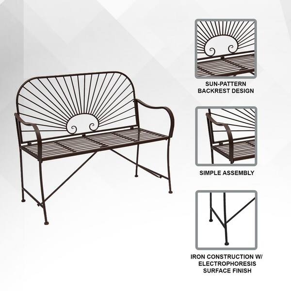 20.5 in. W 2-Person Seating Brown Metal Sun-Patterned Indoor/Outdoor Patio Bench