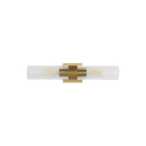 Geneva 4.5 in. W x 20 in. H 2-Light Burnished Brass Linear Mid-Century Vanity Light with Clear Fluted Glass Shades