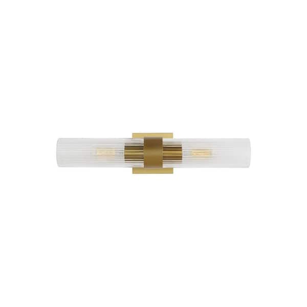 Geneva 4.5 in. W x 20 in. H 2-Light Burnished Brass Linear Mid-Century Vanity Light with Clear Fluted Glass Shades
