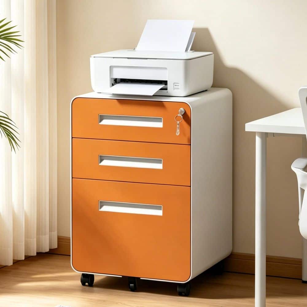 3-Drawer White Orange Metal 16 in. W Pedestal File Cabinet with Lock, Rolling Storage for Home Office Under Desk