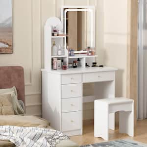 5-Drawers White Makeup Vanity Sets Dressing Table Sets With Stool, Mirror, LED Light and 3-Tier Storage Shelves