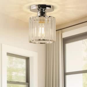 5 in. 1-Light Chrome Crystal Cylinder Semi Flush Mount Ceiling Light Fixture for Foyer Closet Entryway Kitchen Bedroom
