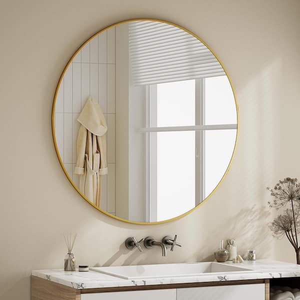 XRAMFY 35.4 in. W x 35.4 in. H Round Modern Gold Aluminum Framed Bathroom Mirror Wall Mirror
