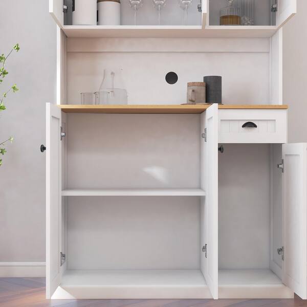 FUNKOL 39.76inx14.96inx70.86in MDF Ready to Assemble Kitchen Cabinet in White with Microwave Countertop, 6 Doors and 1 Drawer