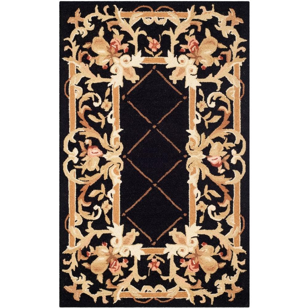 Black Floral Hand-Hooked Wool Runner Rug