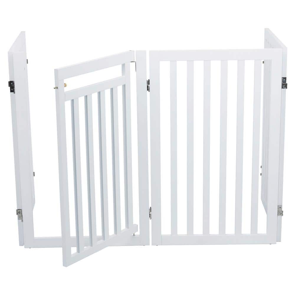 White Freestanding 4-Panel Wooden Pet Gate with Walk-Through Door