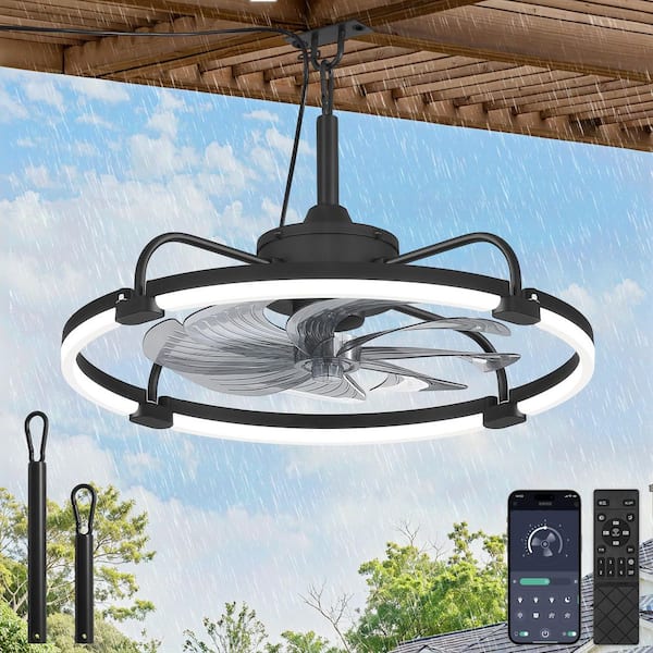 24 in. Outdoor Wet-Rated Waterproof Black 6-Speed Dimmable LED Clip Mount Standard Ceiling Fan with Lights APP Remote