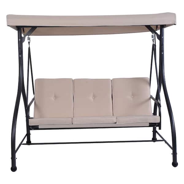 WELLFOR 3-Person Metal Patio Swing Hammock with Adjustable Tilt Canopy in Beige