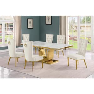 Ada 7-Piece Rectangle White Marble Top With Gold Stainless Steel Dining Set With 6-Cream Velvet Fabric Chairs