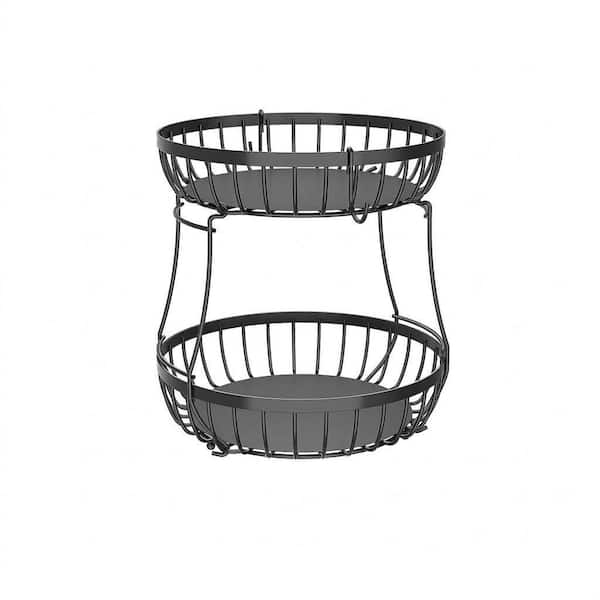 2 Tier Stackable Metal Fruit Basket with 2 Banana Hangers for Kitchen Countertop Storage, Black