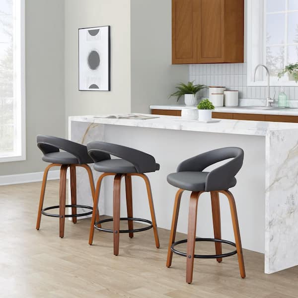 Grotto Upholstered 24 in. Walnut Wood and Grey Faux Leather Fixed-Height Counter Stool (Set of 2)