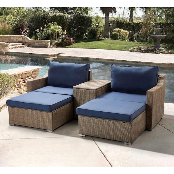 Cesicia 5-Piece Wicker Outdoor Sectional Set with Blue Cushion and Coffee Table Seating Group