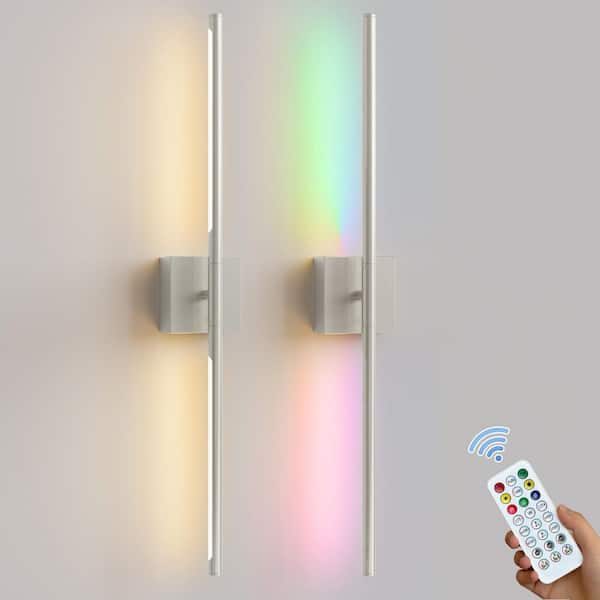 28 in. 2-Light Nickel Wall Sconces, Wireless LED 3CCT-RGB Wall Lights for Bedroom, Living Room, 2-Pack