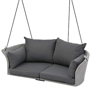 59 in. 2-Person Gray Wicker Porch Swing with Ropes and Gray Cushions for Patio Garden Yard