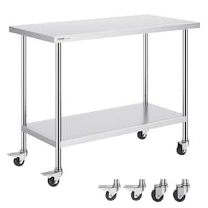 Stainless Steel Work Table 24 x 48 x 38 In. with 4 Wheels, Silver Kitchen Prep Table, 3 Adjustable Height Levels