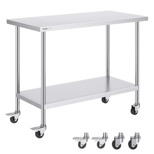 VEVOR 24 x 48 x 38 in. Stainless Steel Commercial Kitchen Prep Table with 4-Wheels 3-Adjustable Height Levels Silver