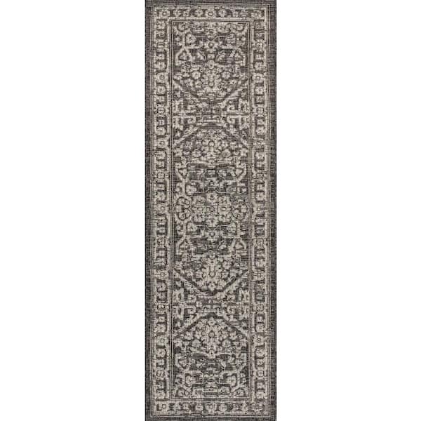 Malta Bohemian Medallion Textured Weave Black/Gray 2 ft. x 8 ft. Indoor/Outdoor Runner Rug