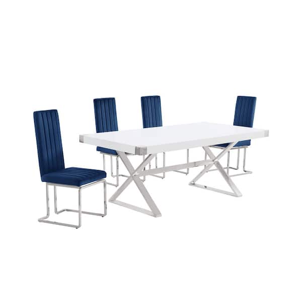 Best Quality Furniture Miguel 5-Piece Rectangle White Wood Top Silver Stainless Steel Dining Set with 4 Navy Blue Velvet Chairs