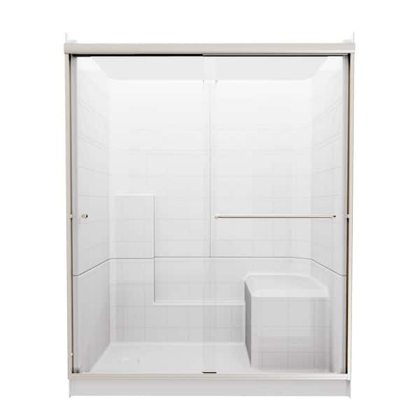 Standard 60 in. x 33 in. x 77 in. Alcove Shower Kit in White, 3 Pieces with Nickel Shower Door, RHS Seat, LHS Drain