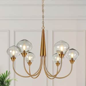 33 in. Modern 6-Light Brass Island Chandelier for Dining Room with Smoky Glass Shades Kitchen Hanging Pendant Light