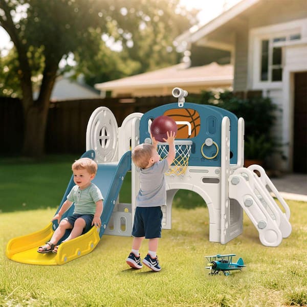 SEEUTEK 9-in-1 Toddler Slide Playset-Ring Toss, Basketball Hoop
