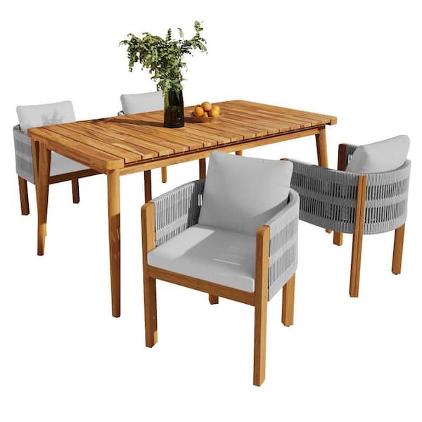 Outdoor Dining Set Grey 5-Piece Acacia Wood Outdoor Dining Set with Grey Grey Cushions