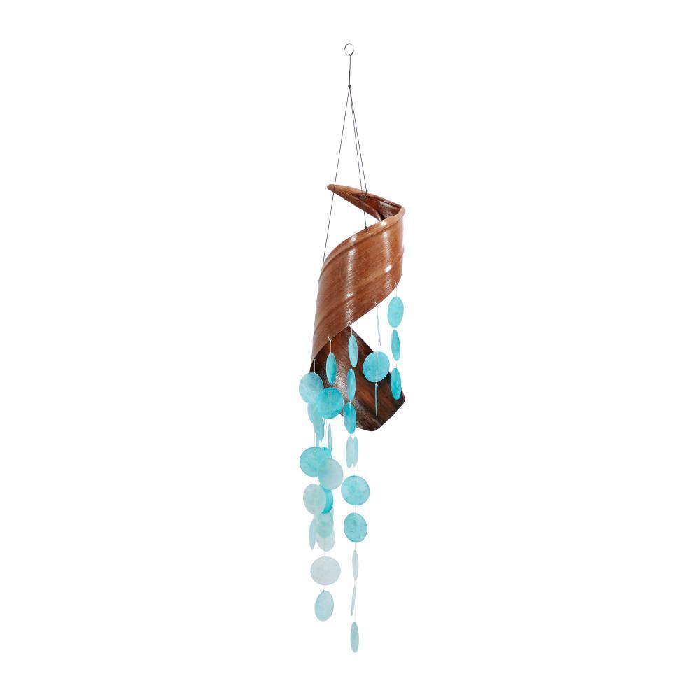 Teal Capiz Shell Spiral Wind Chime with Wooden Accent