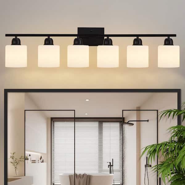 38 in. 6-Light Black Modern Vanity Light Wall Lamp Sconce Over Mirror with Frosted Milky White Glass Shade