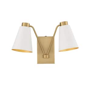 17.5 in. W x 10.5 in. H 2-Light White with Natural Brass Wall Sconce with White Metal Shades