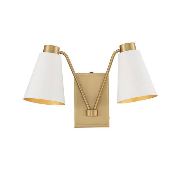 TUXEDO PARK LIGHTING 17.5 in. W x 10.5 in. H 2-Light White with Natural Brass Wall Sconce with White Metal Shades