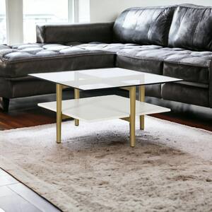 32 in. Gold Square Glass Coffee Table with Shelves Storage