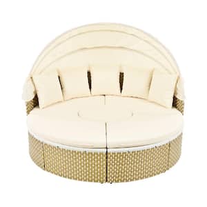Beige Wicker Rattan Outdoor Round Sectional Sofa Set, Sunbed with Retractable Canopy & Removable Cushion