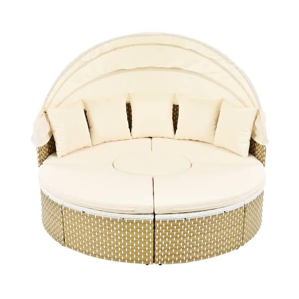 ITOPFOX Beige Wicker Rattan Outdoor Round Sectional Sofa Set, Sunbed with Retractable Canopy & Removable Cushion