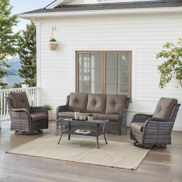 4-Piece Gray Wicker Patio Conversation Set with Olefin Gray Cushions and Swivel Glider Chairs/Sofa